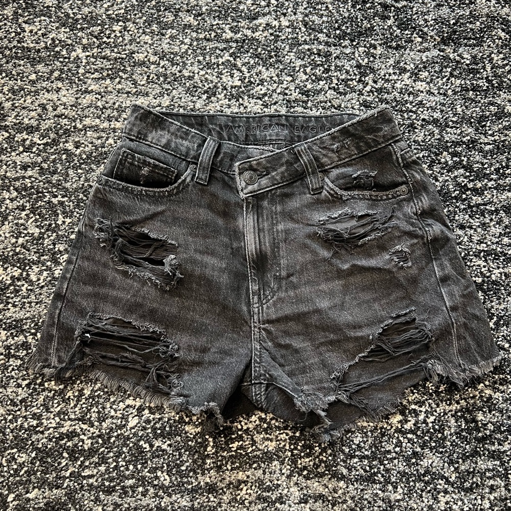 AE Stretch Crossover Waist Denim Mom Short, Gray/Black Denim, Size 000